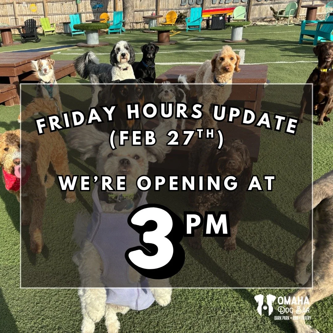 Heads up, ODB fam!
This Friday we&rsquo;ll be opening a little later than usual due to a private event.

Friday Hours &mdash; February 27th:
🐶 Open at 3:00 PM

We normally open at noon for small dogs and 1 PM for all dogs, so thank you for rolling w