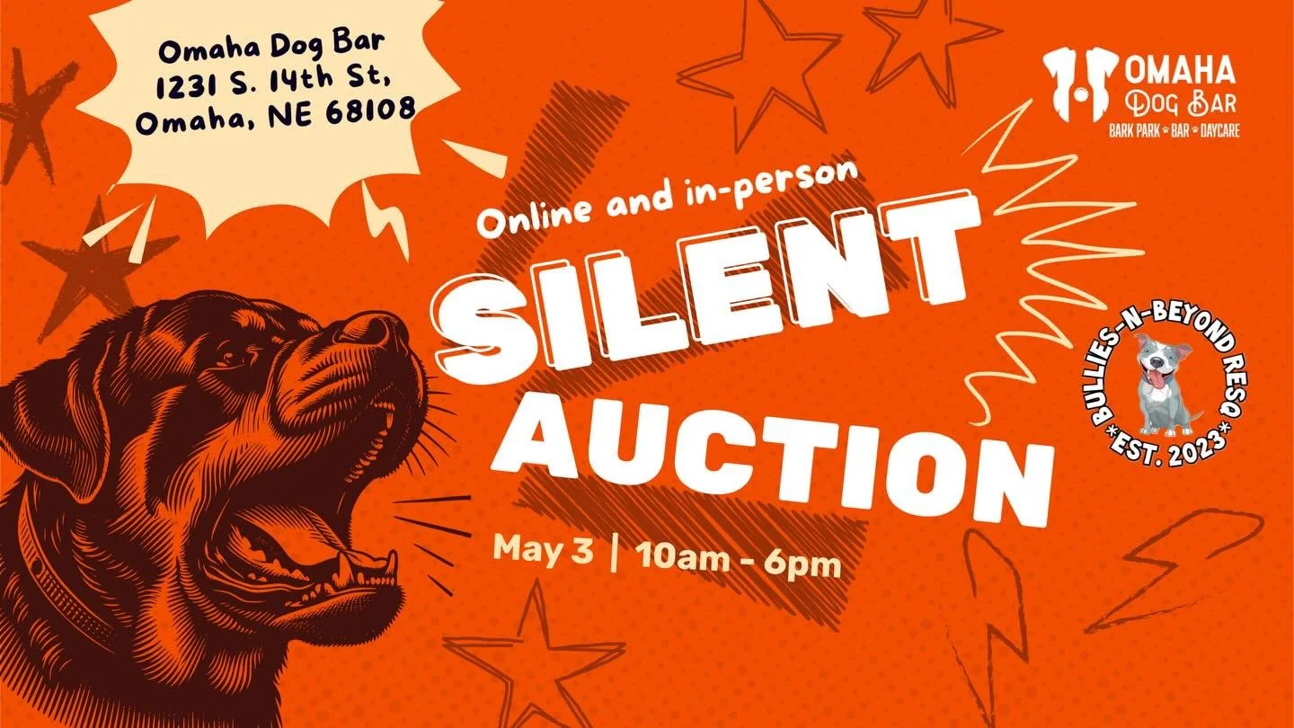 👋🏼Hey Folks, Join us and @bulliesnbeyondresq for a silent auction! 

💁🏻&zwj;♀️Here&rsquo;s all the 411: 
Join us at Omaha Dog Bar for our May 3rd Silent Auction. Fantastic items from local vendors and donors will be available to view from 10 a.m.