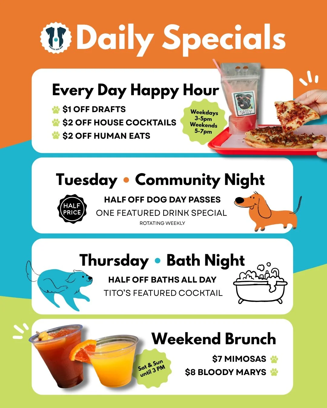 Hey ODB Fam! 🐾

Over the years, we've added a lot of specials, promos, and random deals, so we're simplifying things a bit.

Don't worry, we're keeping the favs like DAILY Happy Hour, themed nights, brunch drinks, events, and more. We're just making