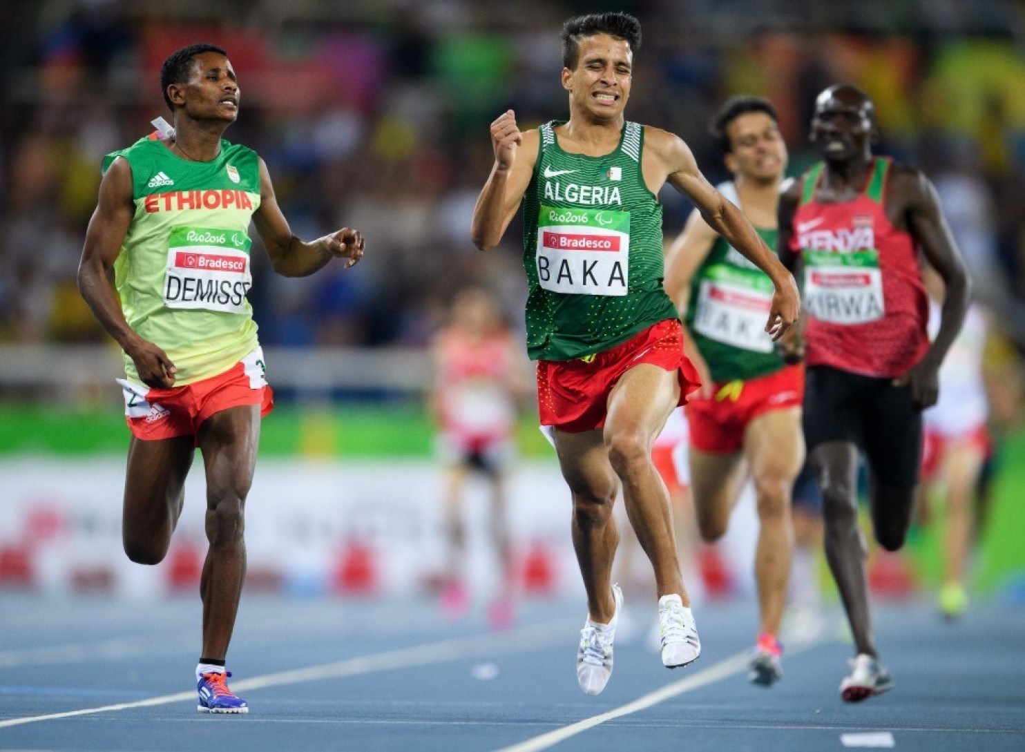 Algeria's Abdellatif Baka narrowly wins the gold ahead of Ethiopia's Tamiru Demisse in the men's 1,500-meter T13 final.