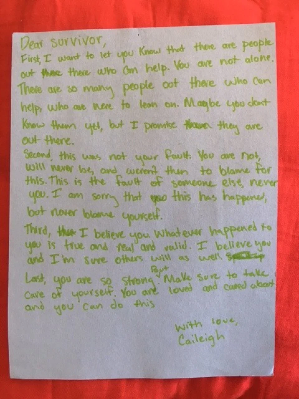 Dear Survivor, First, I want to let you know that there are people out there who can help. You are not alone. There are so many people out there who can help, who are here to lean on. Maybe you don’t know them yet, but I promise they are out there. Second, this was not your fault. You are not, will never be, and weren’t then to blame for this. This is the fault of someone else, never you. I am sorry that this happened, but never blame yourself. Third, I believe you. Whatever happened to you is true and real and valid. I believe you and I’m sure others will as well. Last, you are so strong. But make sure to take care of yourself. You are loved and cared about and you can do this. With love, Caileigh #survivorloveletter