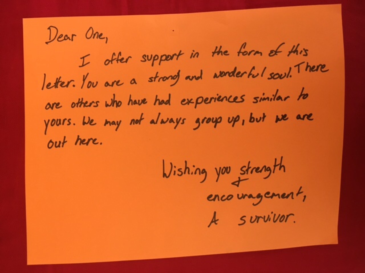 Dear One,
I offer you support in the form of this letter. You are a strong and wonderful soul. There are others who have had experiences similar to yours. We may not always group up, but we are out here.
Wishing you strength & encouragement,
A survivor.