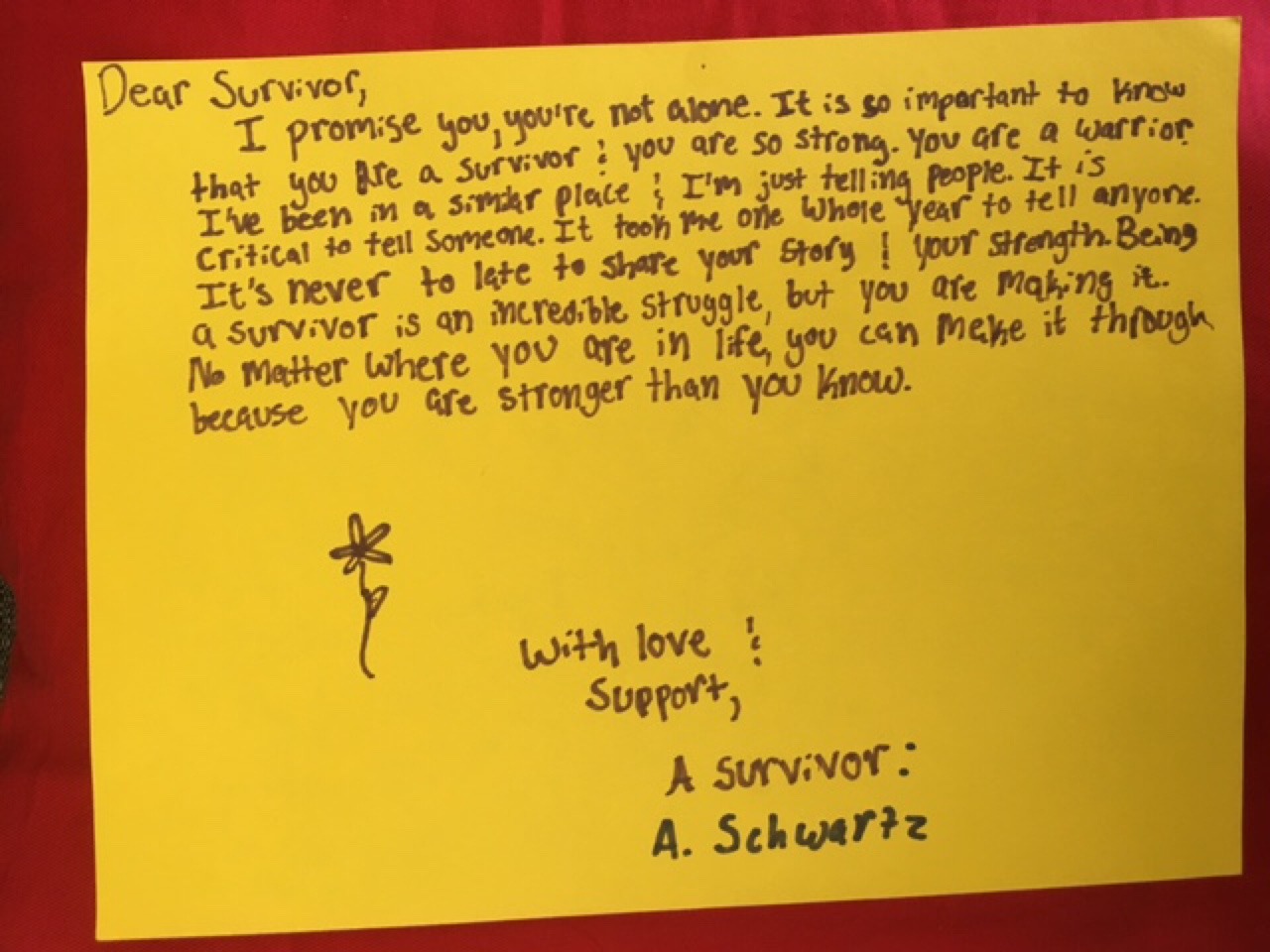Dear Survivor,
I promise you, you’re not alone. It is so important to know that you are a survivor & you are so strong. You are a warrior. I’ve been in a similar place & I’m just telling people. It is critical to tell someone. It took me one whole year to tell anyone. It’s never too late to share your story & your strength. Being a survivor is an incredible struggle, but you are making it. No matter where you are in life, you can make it through because you are stronger than you know.
With love & support,
A survivor: A. Schwartz