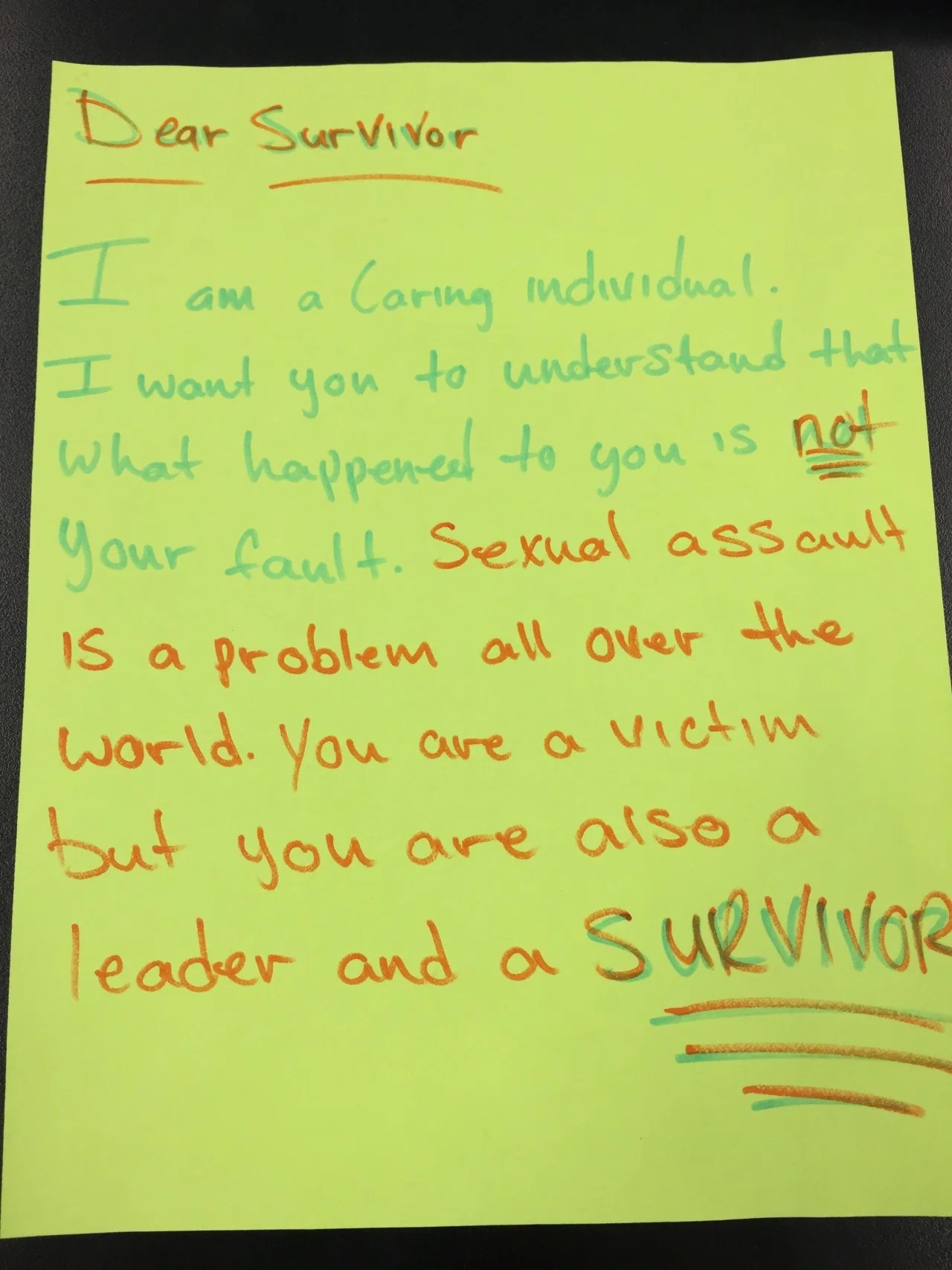 Dear Survivor,
I am a caring individual. I want you to understand that what happened to you is not your fault. Sexual assault is a problem all over the world. You are a victim but you are also a leader and a survivor.