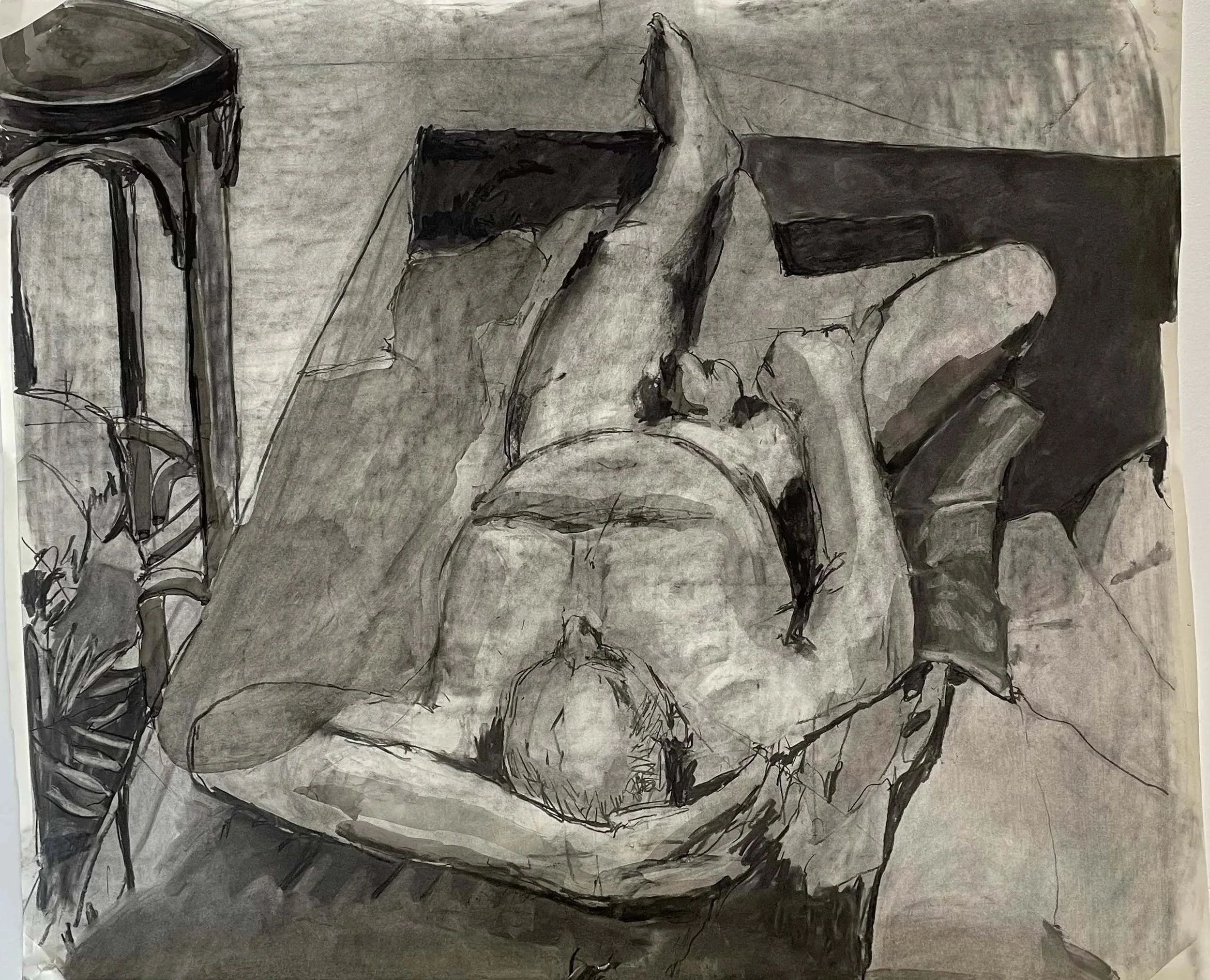 Man laying with Head and Stand,
Charcoal on paper,
Price: NFS
