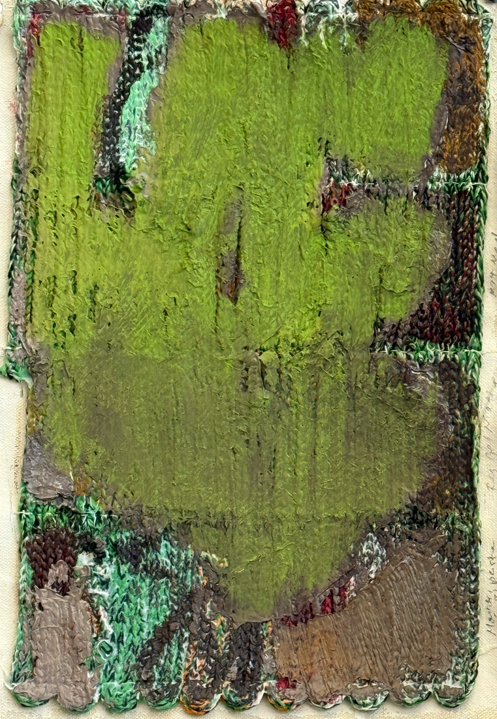 Gerania;
Oil paint, molding paste, gesso, knitted cotton sewn onto canvas;
Price: $300