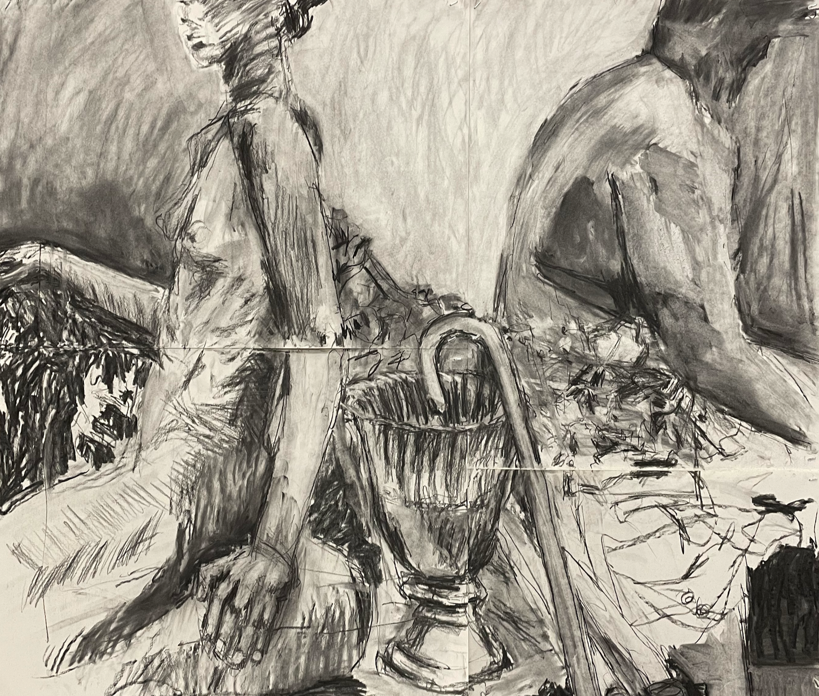 Two Figures with Vase and Cane;
Charcoal on paper;
Price: $150