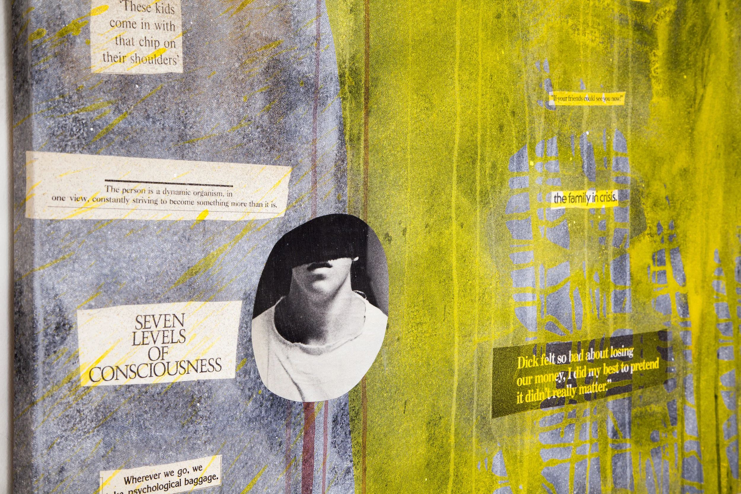 a very strange country (detail), 2018, acrylic and inkjet prints on canvas, 64 x 64 in