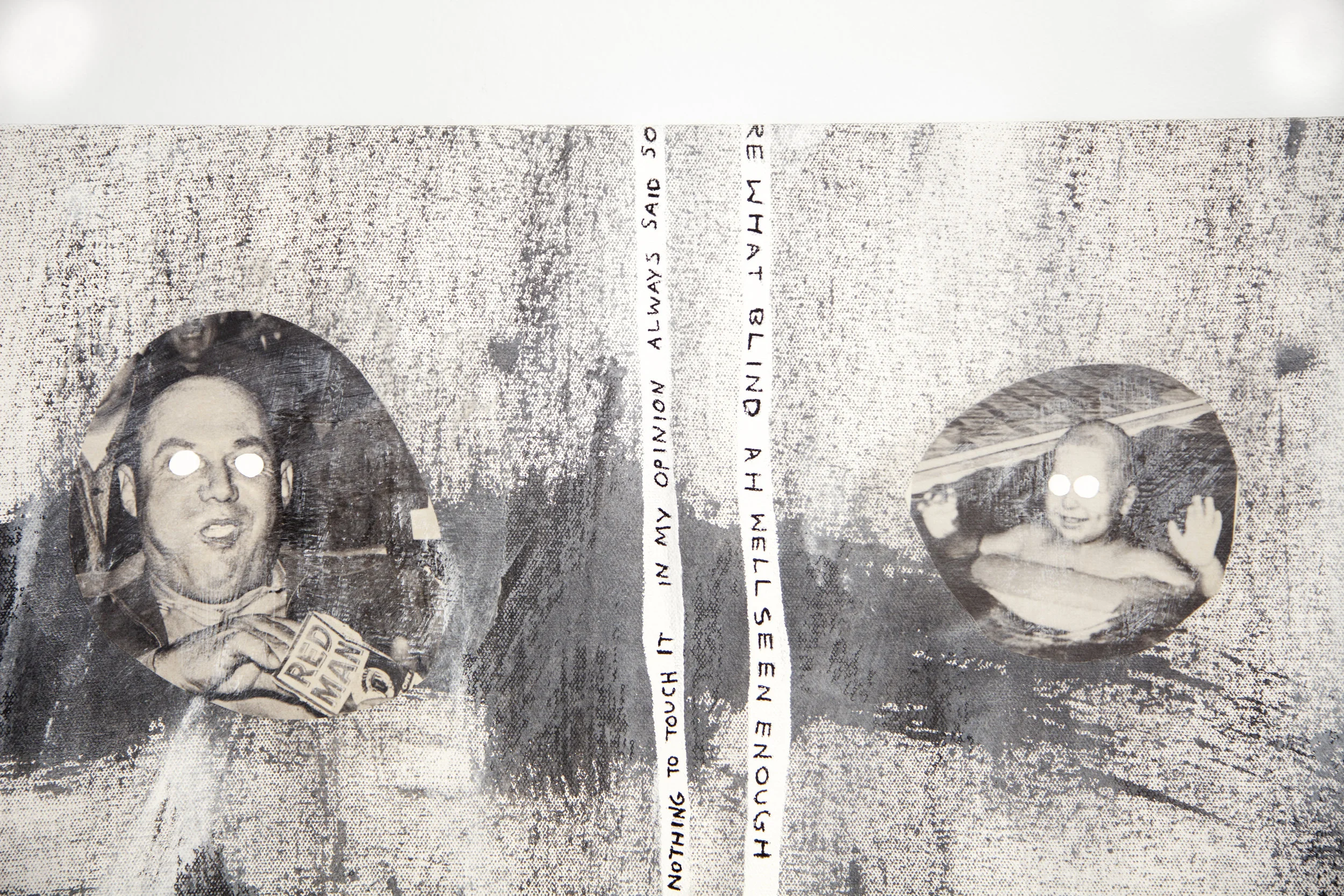 happy days, for Sam B. (detail), 2018, acrylic and inkjet prints on canvas, 58 x 64 in