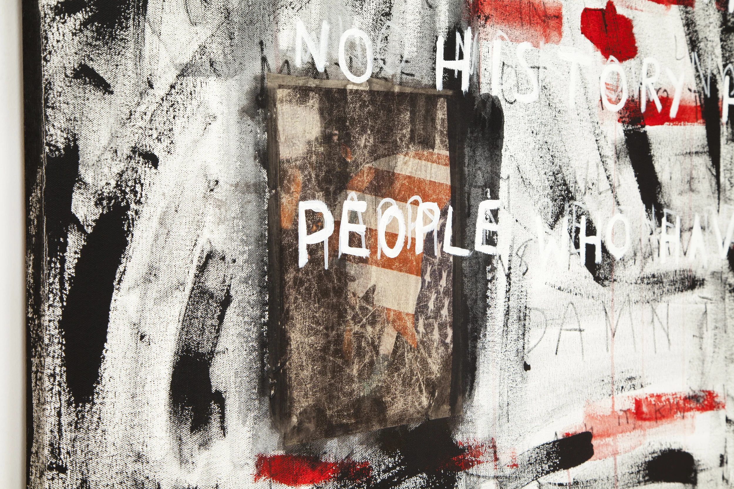 happy are the people who have no history too (detail), 2018, acrylic and inkjet prints on canvas, 58 x 64 in