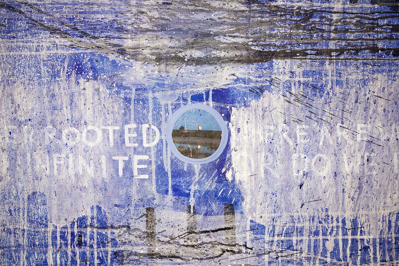 where are borders rooted where are we are infinite or do we end at the sea (detail), 2018, acrylic and inkjet prints on canvas, 64 x 64 in