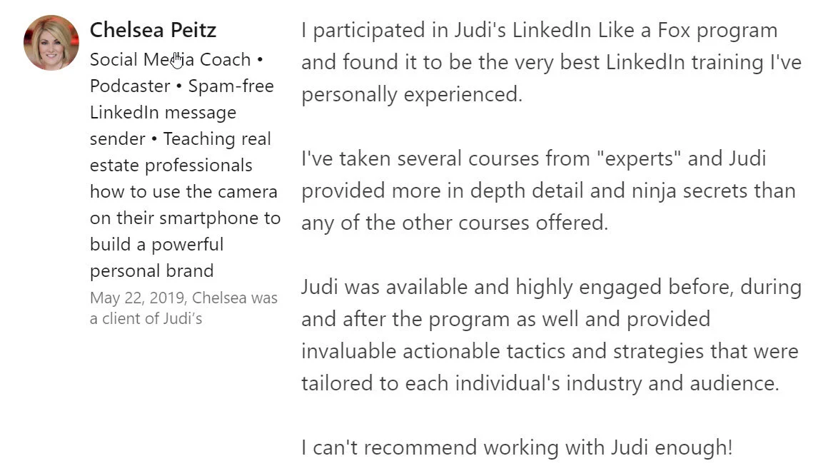 Chelsea Peitz LinkedIn Judi Fox LinkedIn Business Accelerator The Voice of Social Sales Podcast Recommendation on LinkedIn.jpg