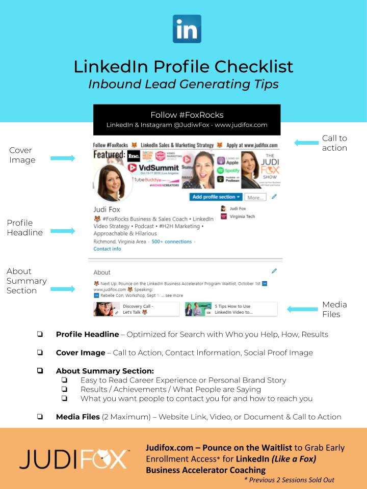 Judi Fox LinkedIn Business Accelerator Marketing and Sales Coaching - LinkedIn Profile Checklist for Entrepeneurs and inbound leads.jpg