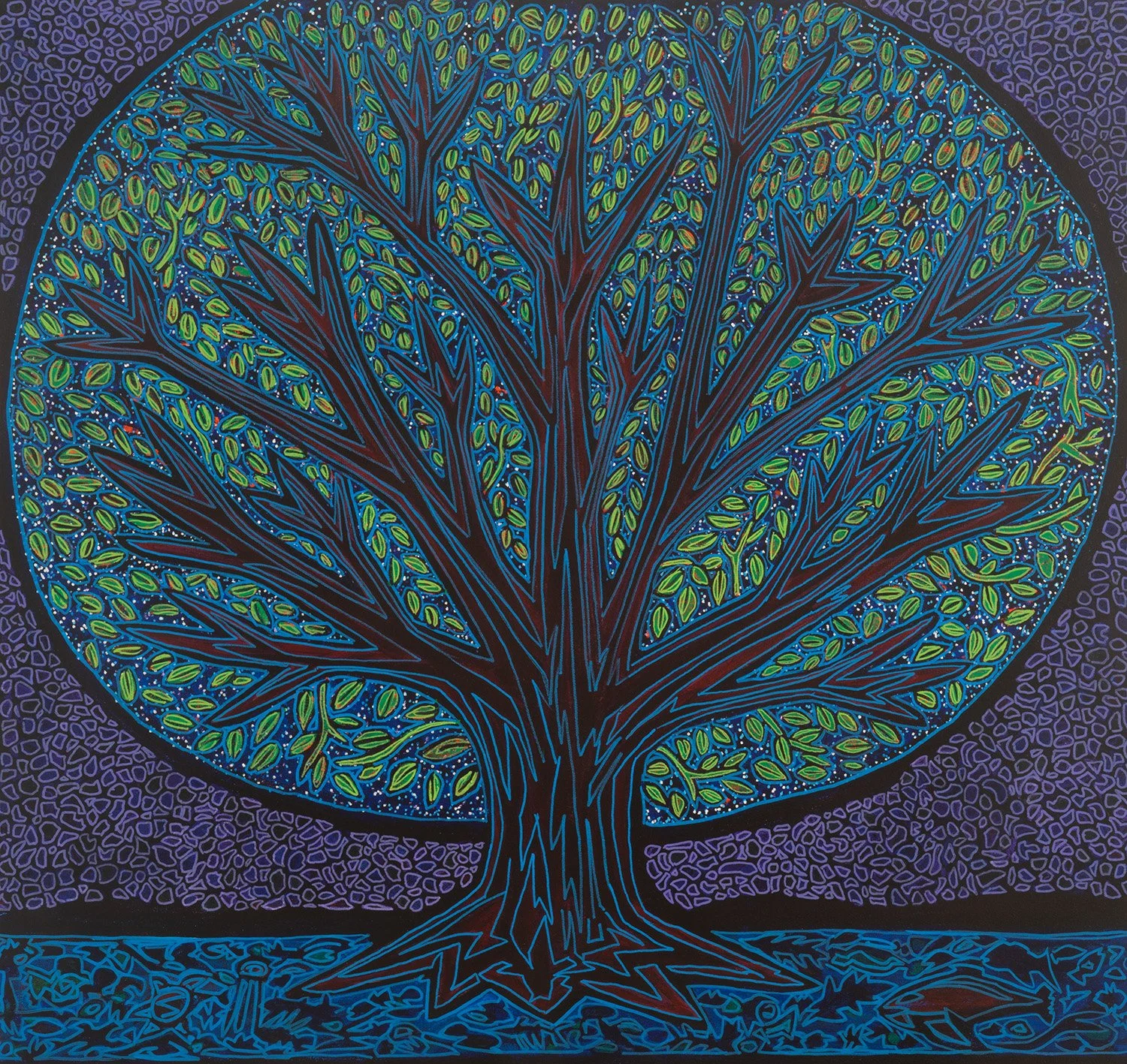tree connected to the universe, 2025, acrylics and enamels on canvas, 38x36"