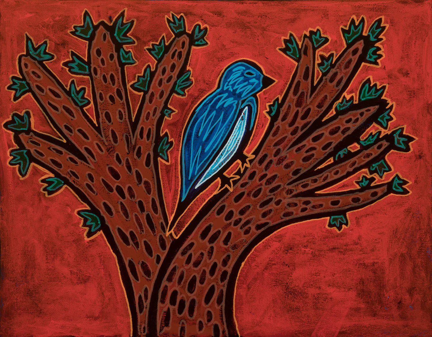 bird on tree, 2019, mixed media on canvas, 14x11"