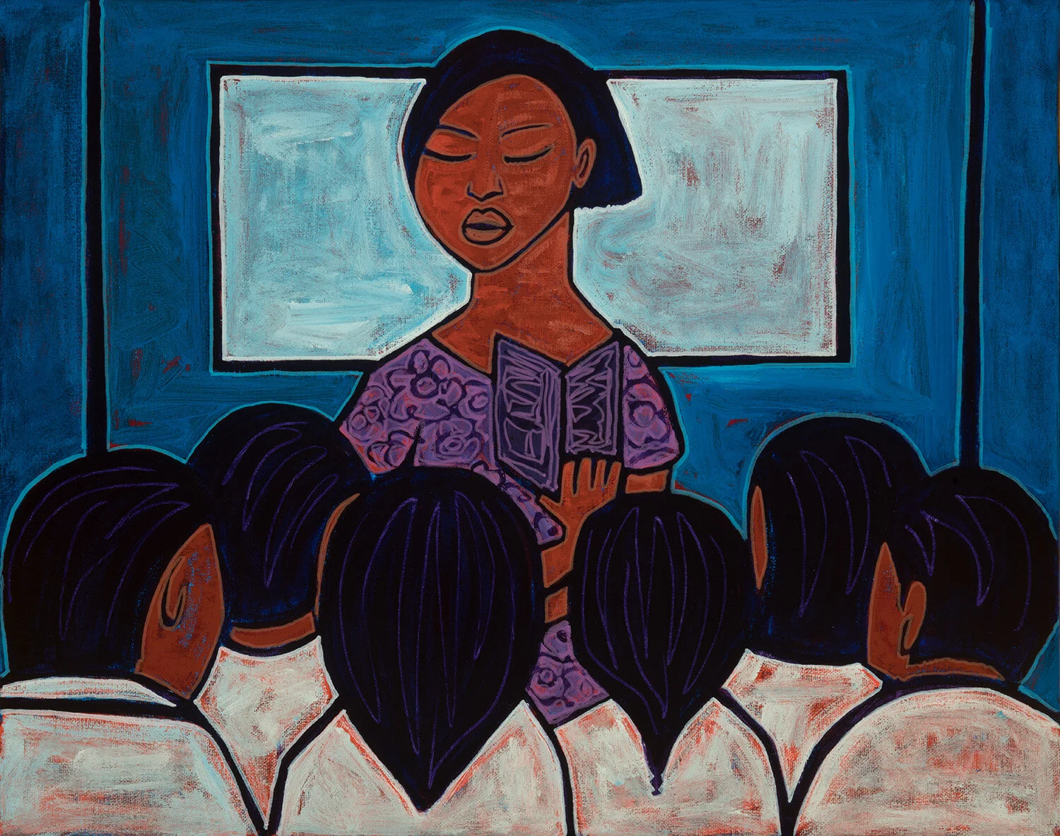 maestra reading a book, 2019, mixed media on canvas, 20x16"