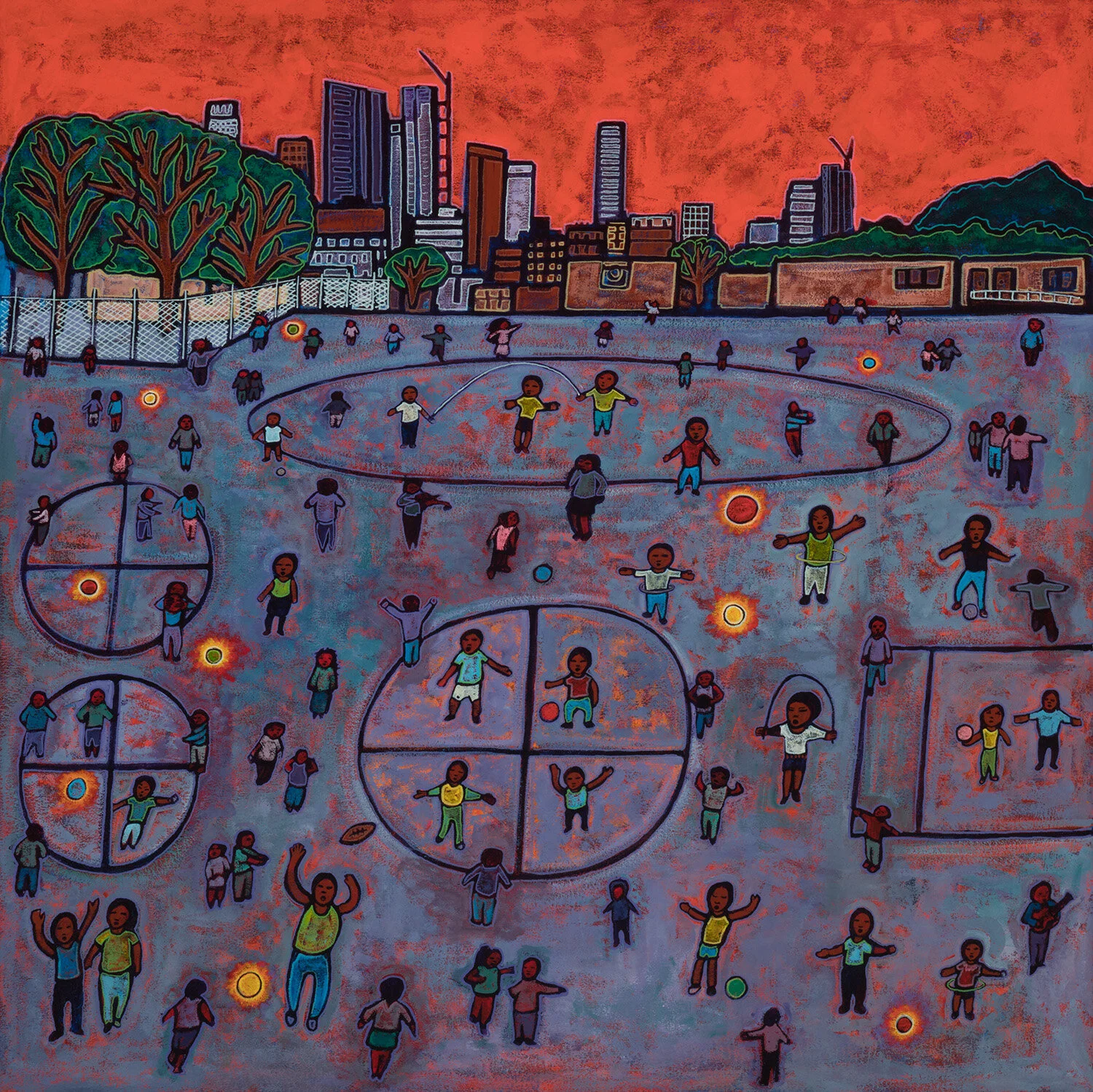 playground in LA (children playing in the universe), 2019, mixed media on canvas, 36x36