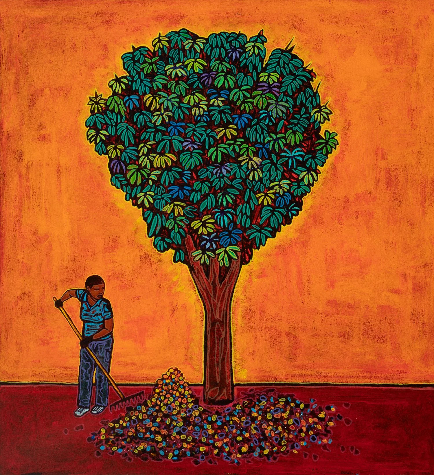 mulching mango tree, 2022, acrylic and enamels on canvas, 24x26%22.jpg