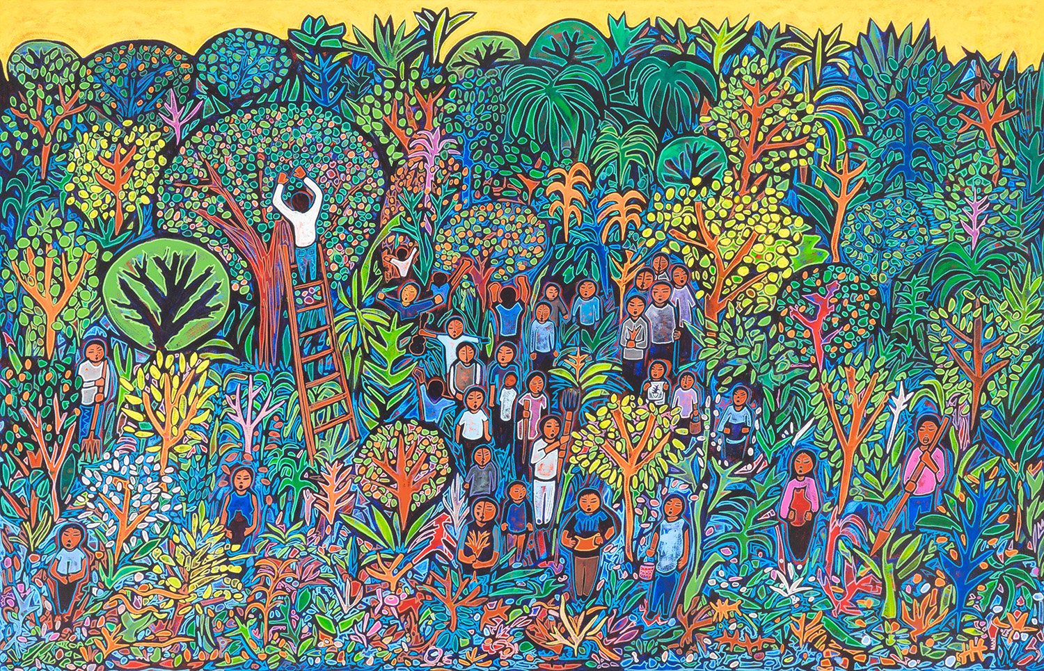 garden gathering, 2024, acrylic and enamels on canvas, 72x47"