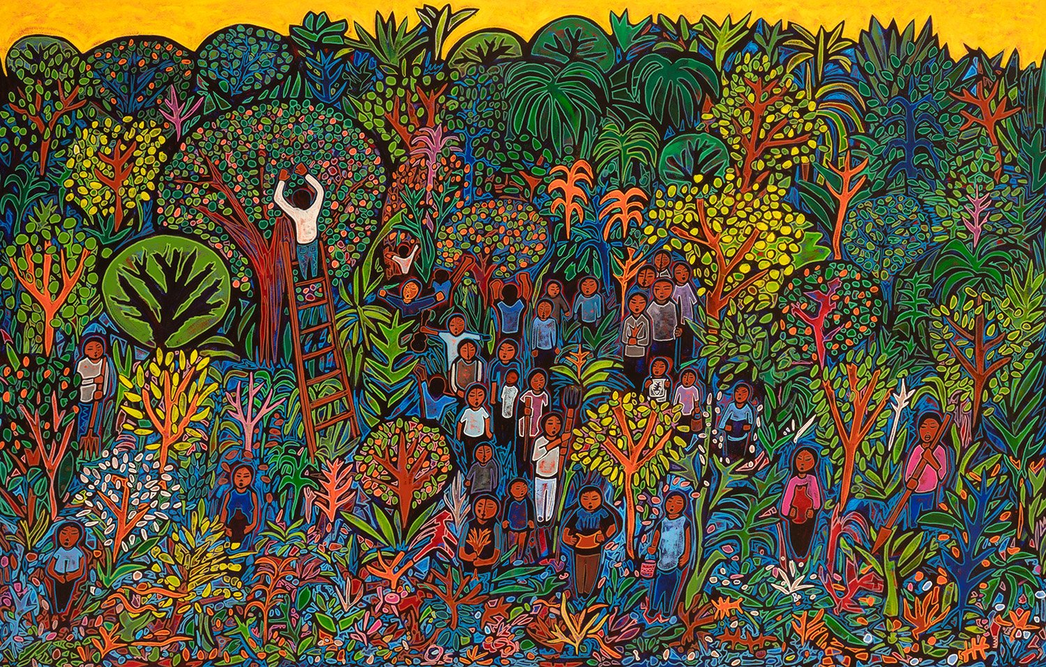 garden gathering, 2024, acrylic and enamels on canvas, 72x47"