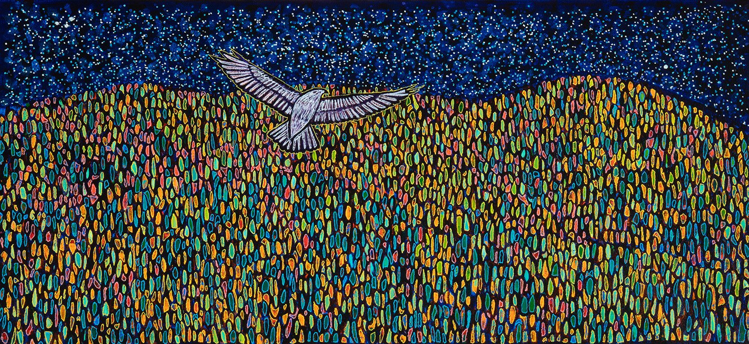 hawk, 2024, acrlic and enamels on canvas, 30x14"