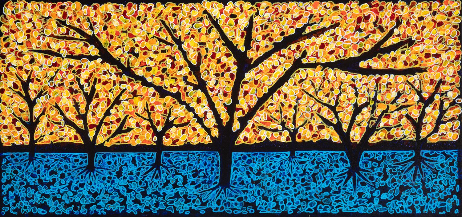 orchard, 2024, arcrlics and enamels on canvas, 36x17"