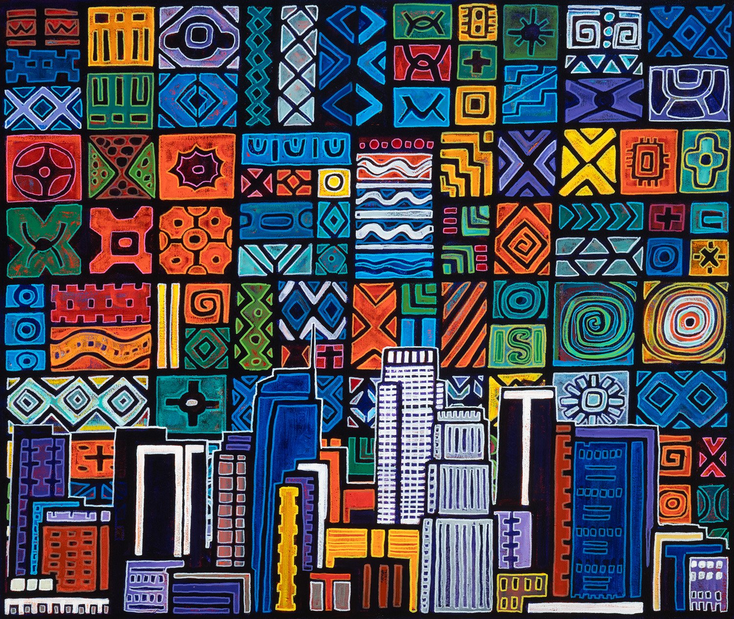 city mosaic, 2024, acrylics and enamels on canvas, 38x32" 