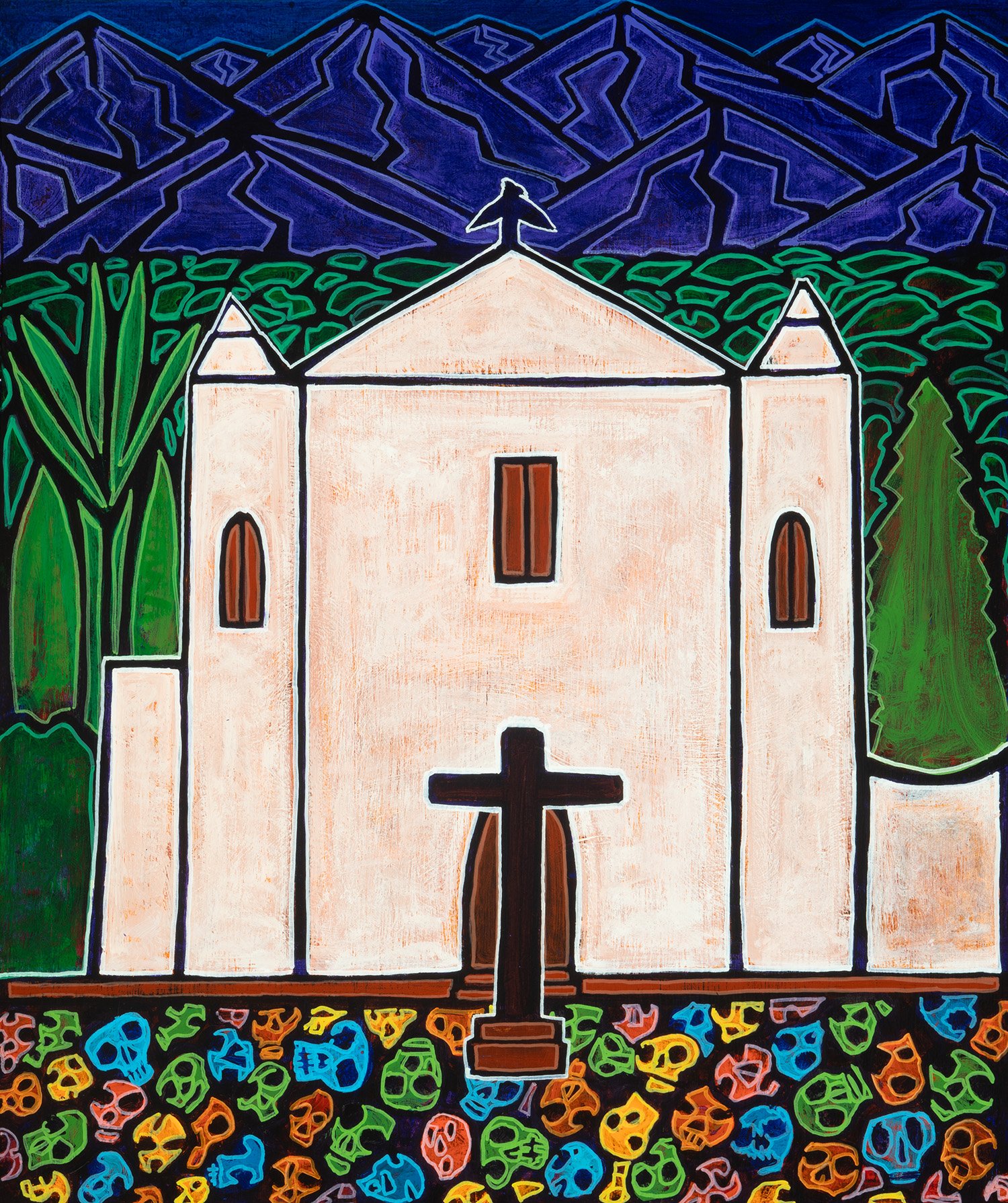 sangra mission, 2024, acrylics and enamels on wood, 23x28"