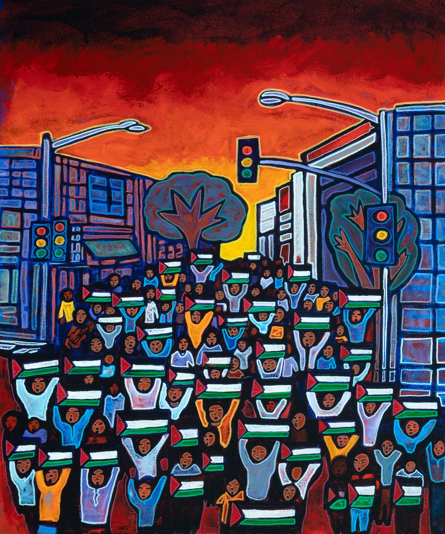 palestine in the streets, 2024, acrylics and enamels on canvas, 20x24"