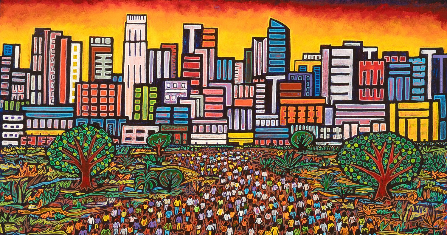 ciudad de angeles, 2025, acrylics and enamels on canvas, 44x24"