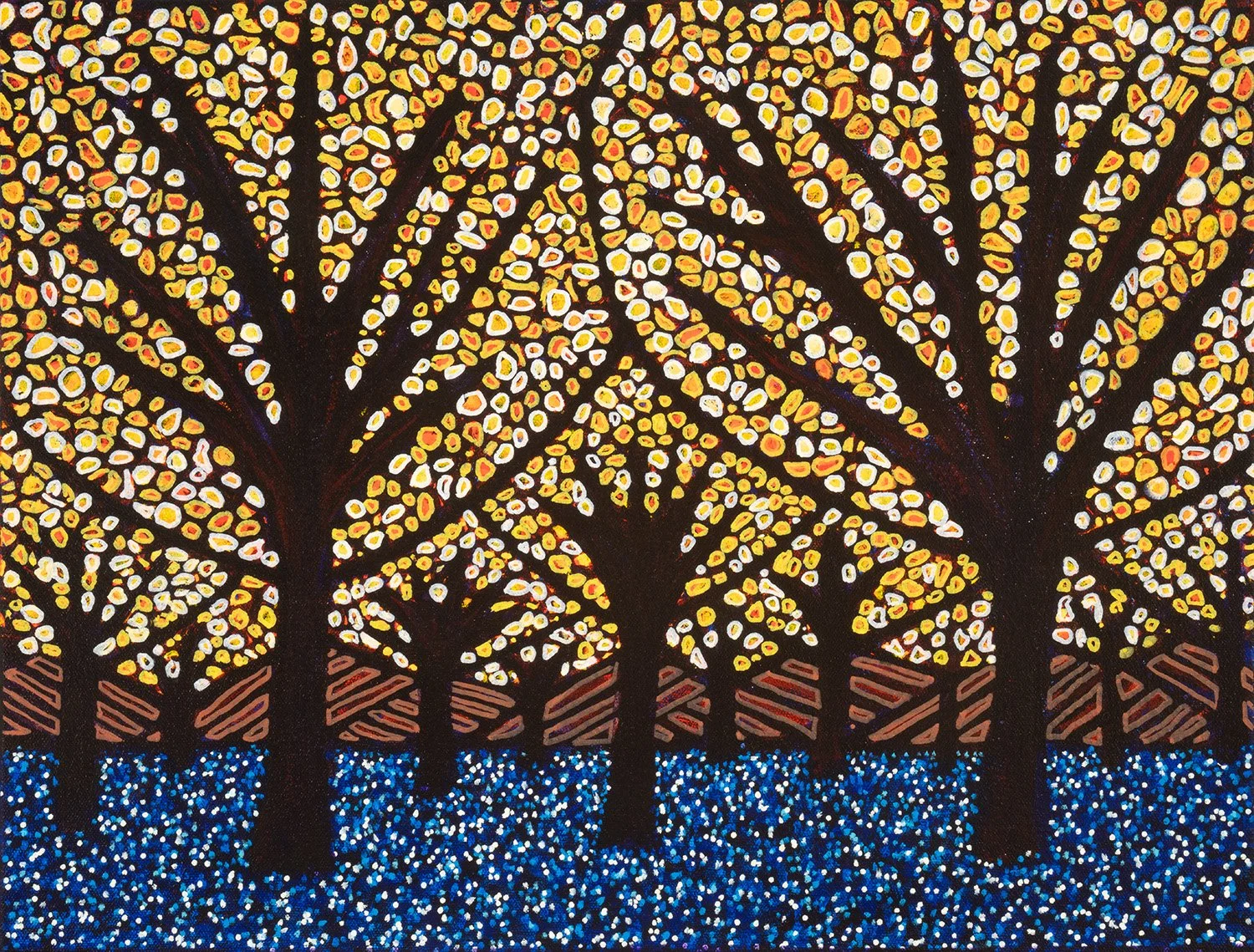noche con arboles, 2025, acrylics and enamels on canvas, 17x13"