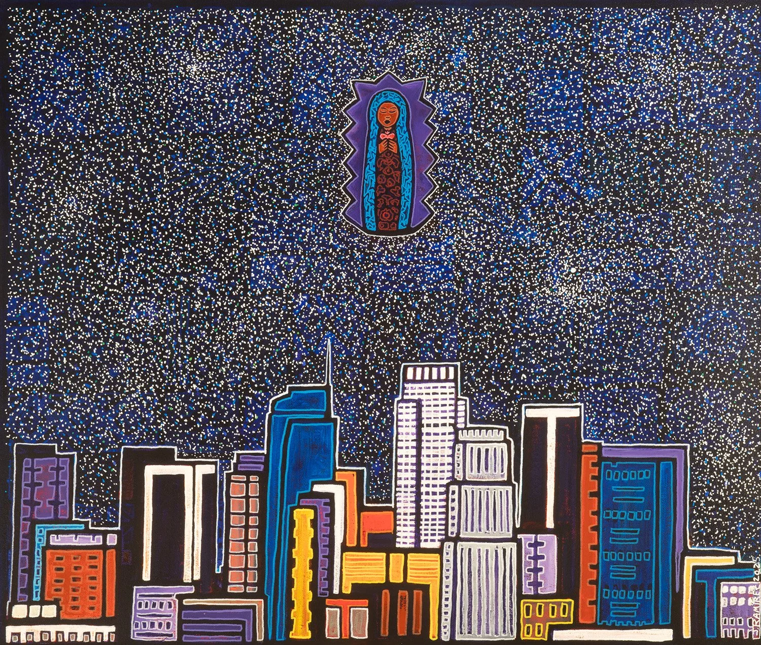 guadalupe en los angeles, 2025, acrylics and enamels on canvas, 38x32"