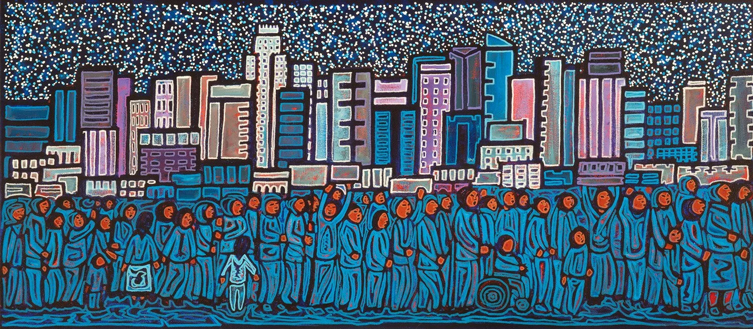 marcha de noche, 2025, acrylics and enamels on canvas, 36x16"