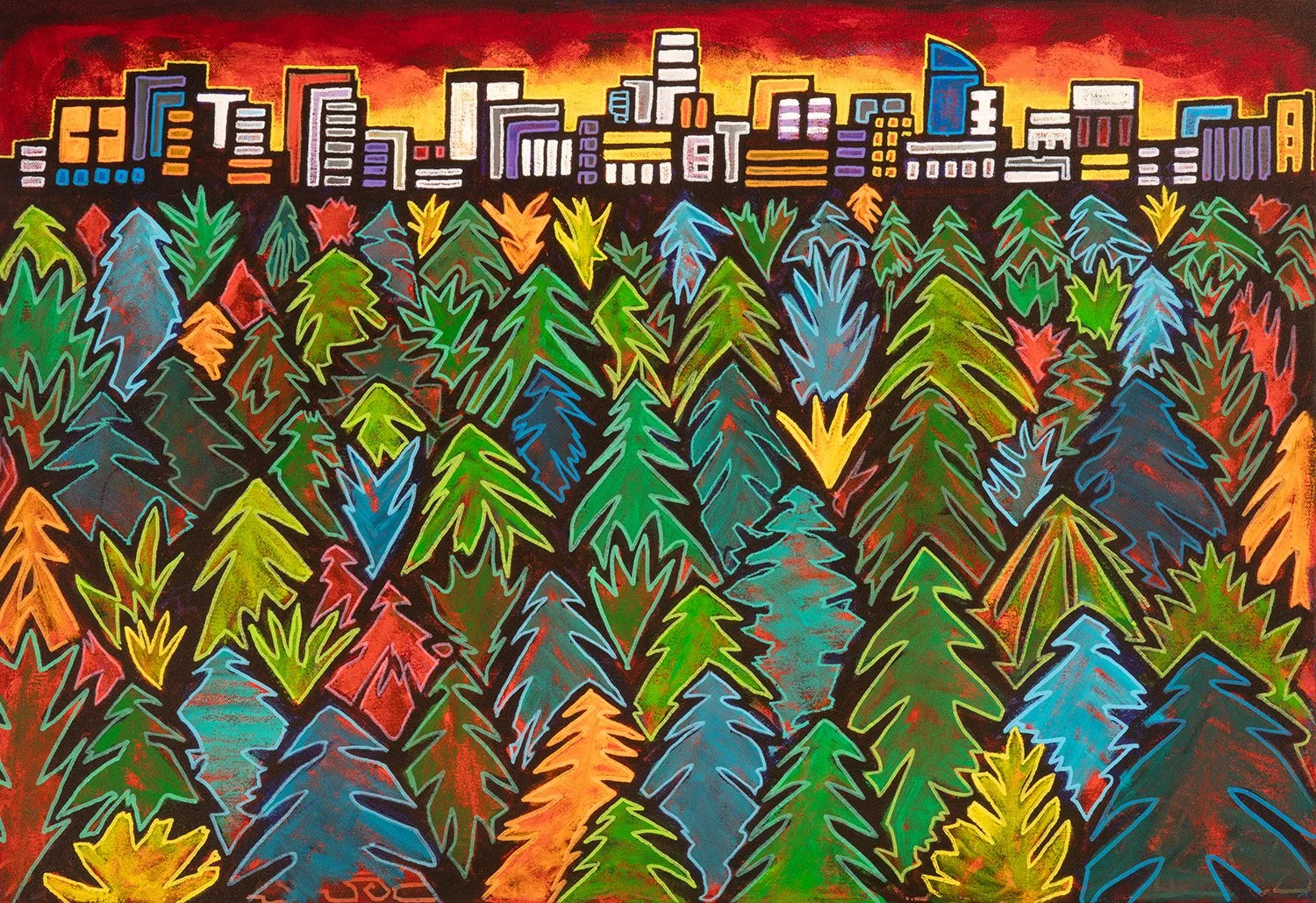 trees in la, 2025, acrylics and enamels on canvas, 32x22"