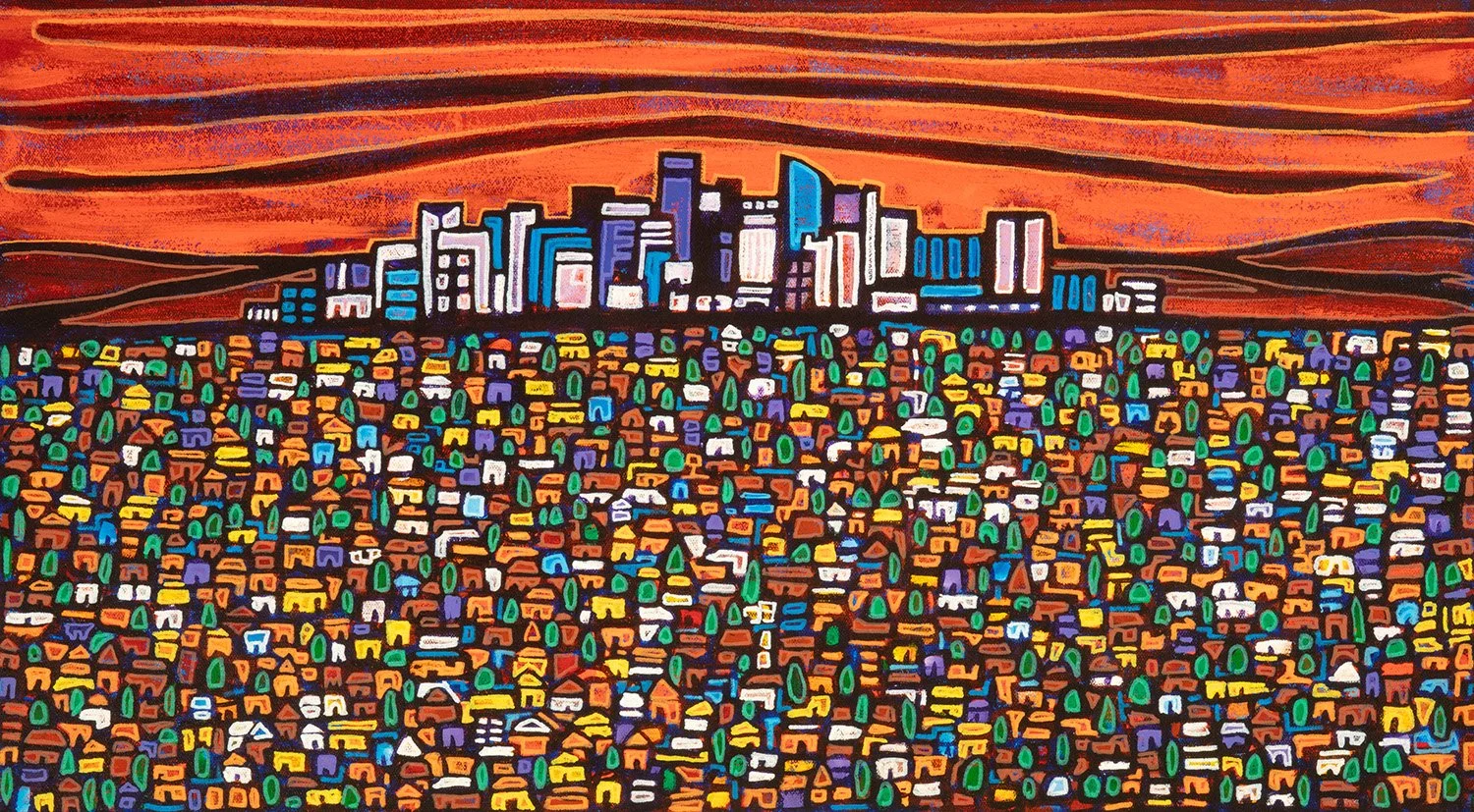vecindad, 2025, acrylics and enamels on canvas, 27x15"