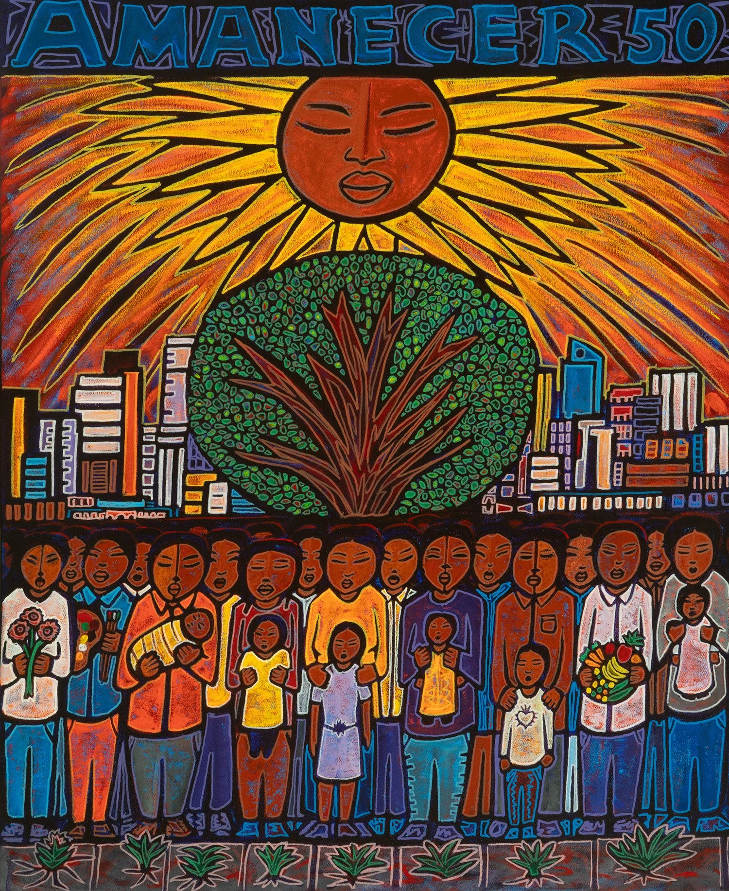 Amanecer 50th, 2025, acrylics and enamels on canvas, 28x34"