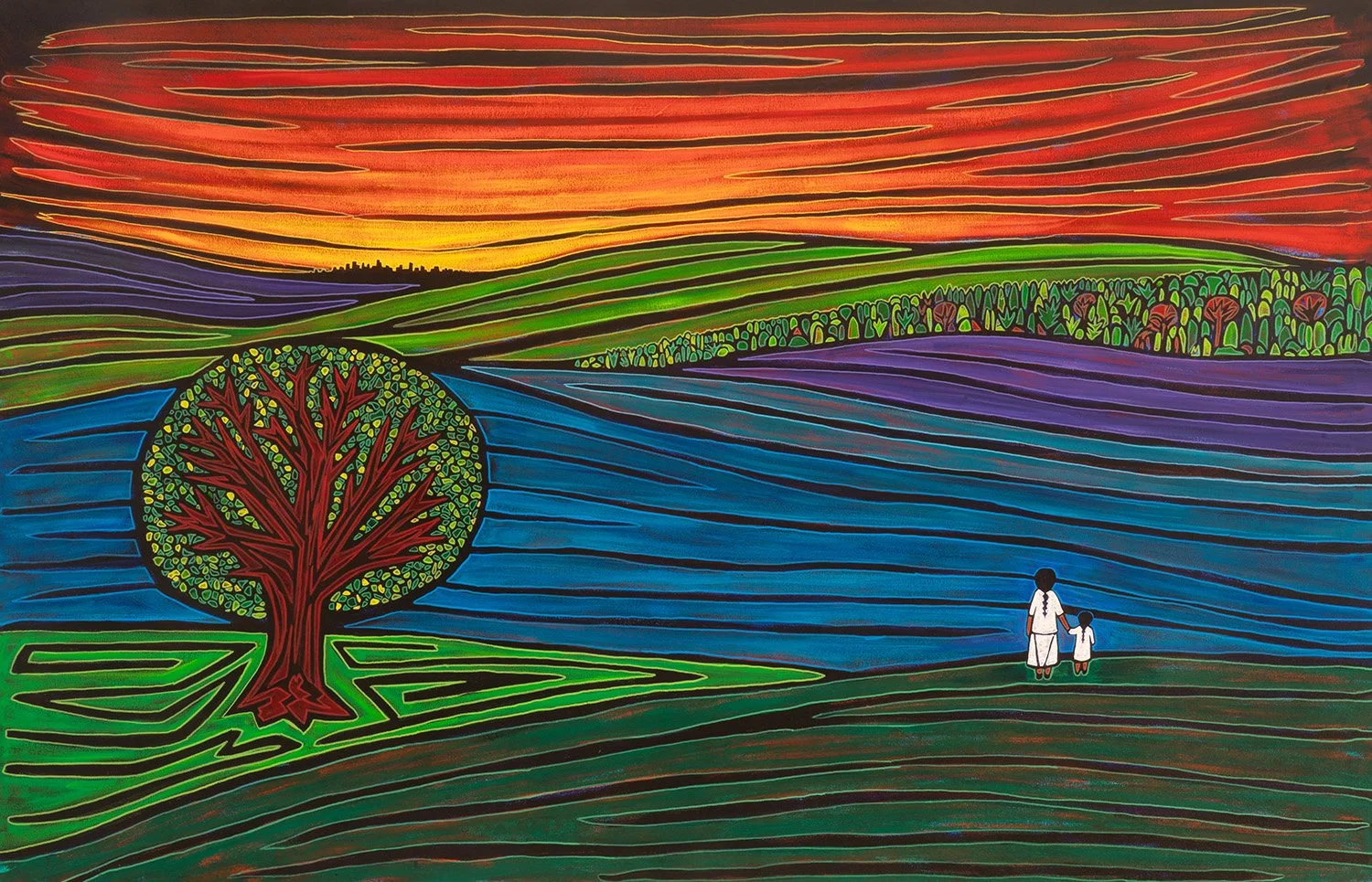 sara y sara, 2025, acrylics and enamels on canvas, 72x46"