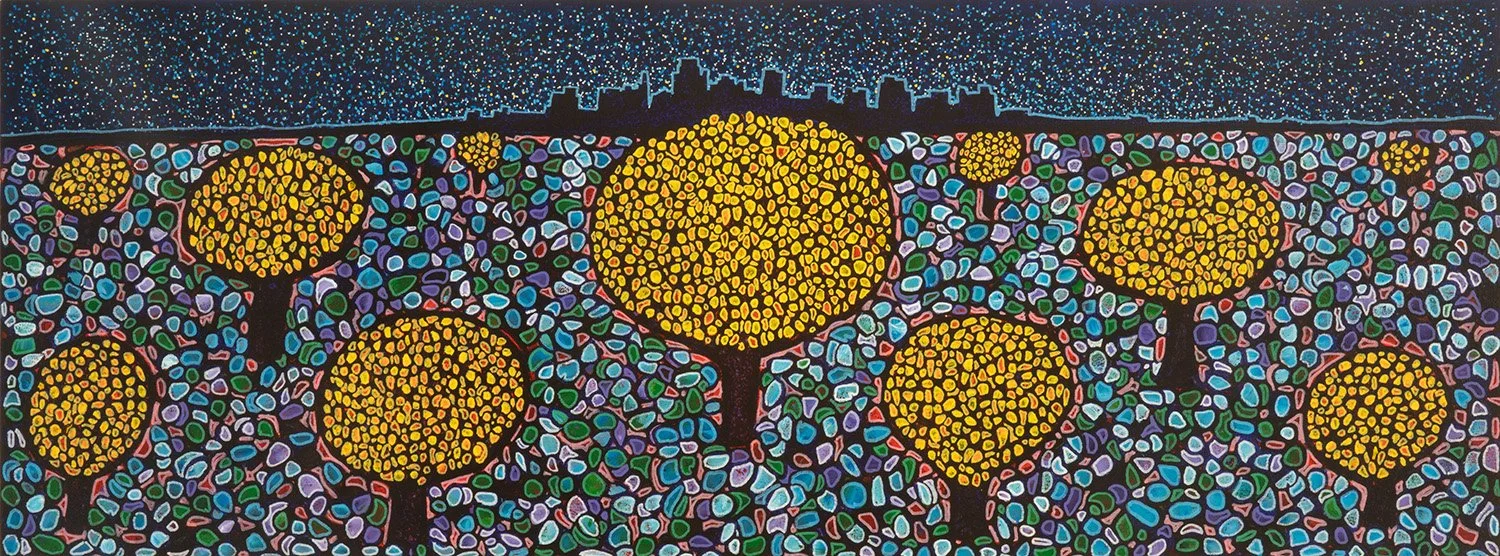 orchard in la, 2025, acrylics and enamels on canvas, 40x16"