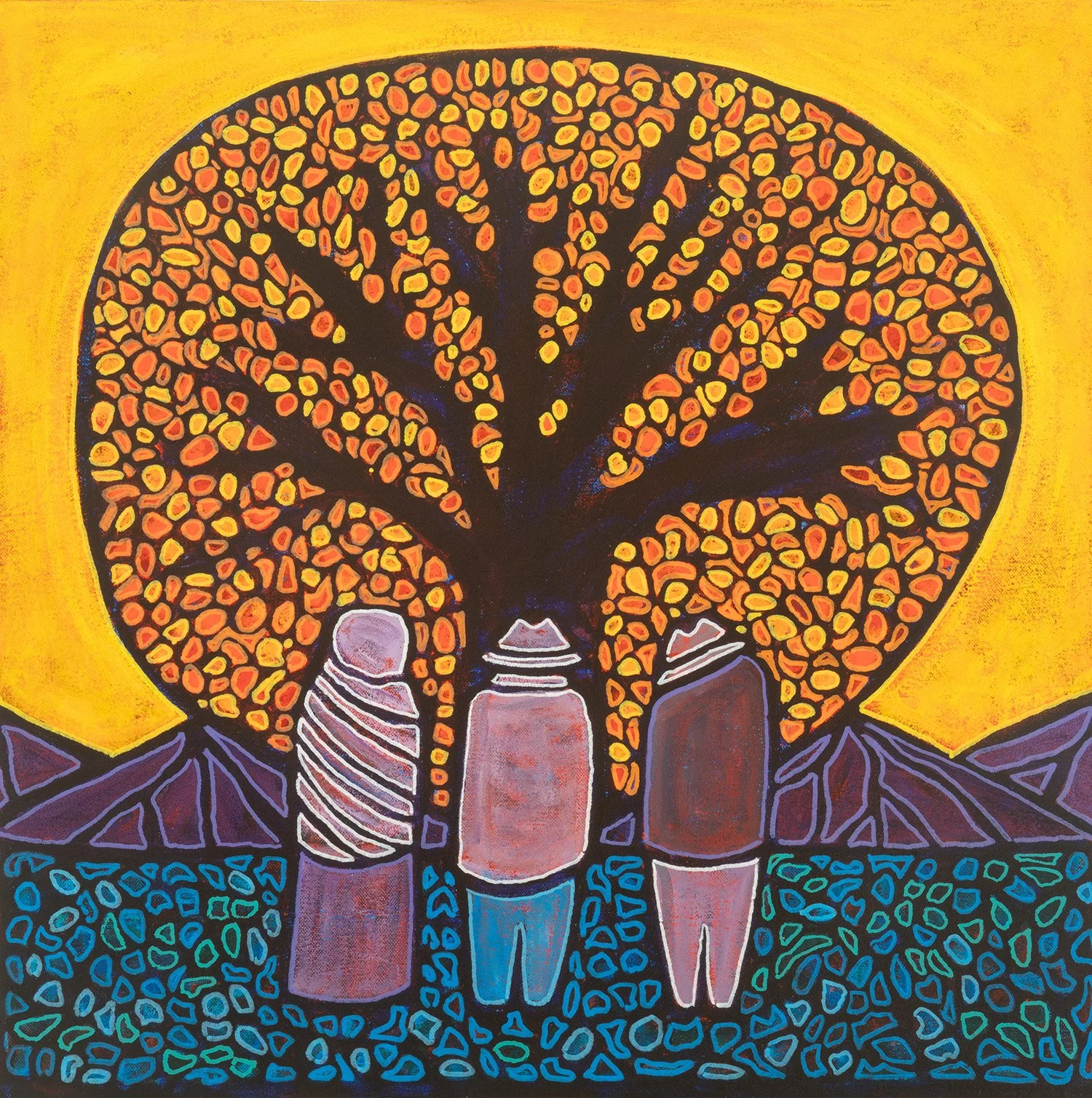 con el arbol, 2025, acrylic and enamel on canvas, 18x18"