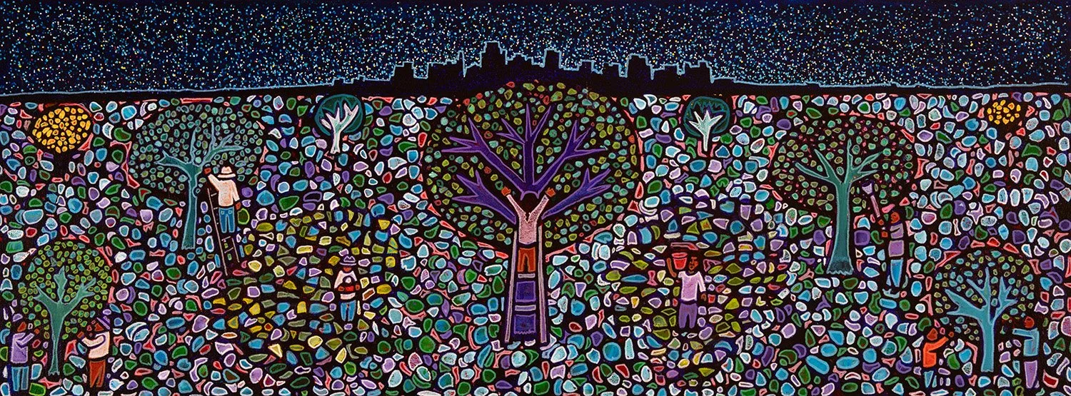 urban orchard, 2026, acrylics and enamels on canvas, 40x15%22.jpg