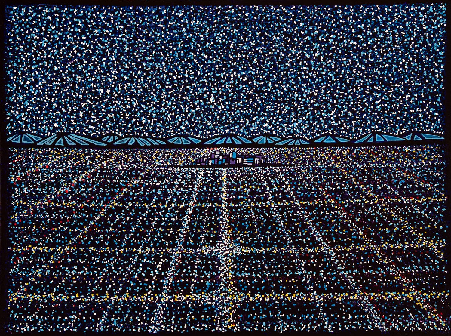 night lights, 2026, acrylics and enamels on wood, 24x18" 