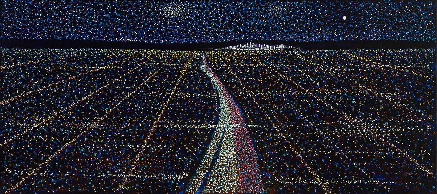 nighttime freeway traffic in la, 2023, acrylic and enamels on wood, 35x16%22.jpg