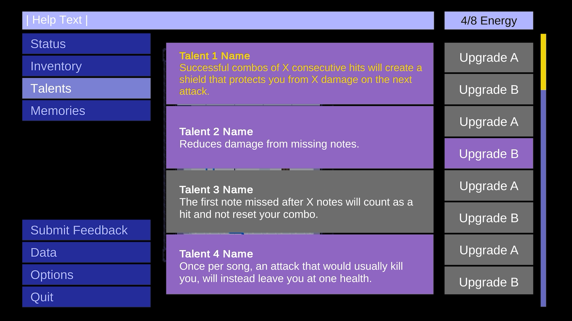 Nocturne (TBA) The old talent menu from an earlier build of the game.