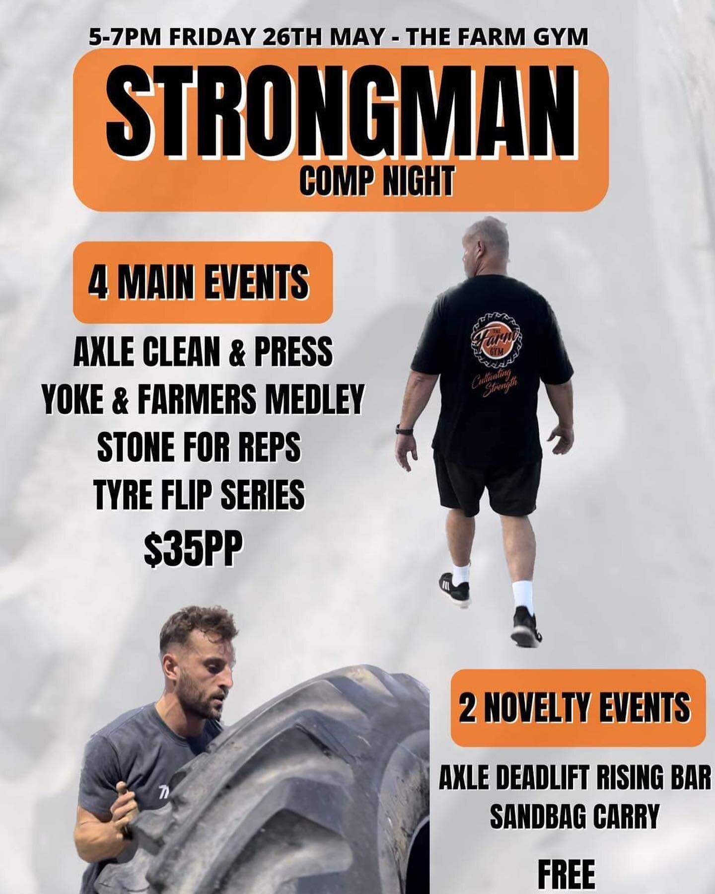 Looking for a way to express your strength and grit? 

Here it is. 

The Farm Gyms strongman comp night. 

We&rsquo;ve had a team of 10-12 training with coaches @tim__oshea &amp; @m.p.g.training.

Strongman is an expression of strength and power, it&