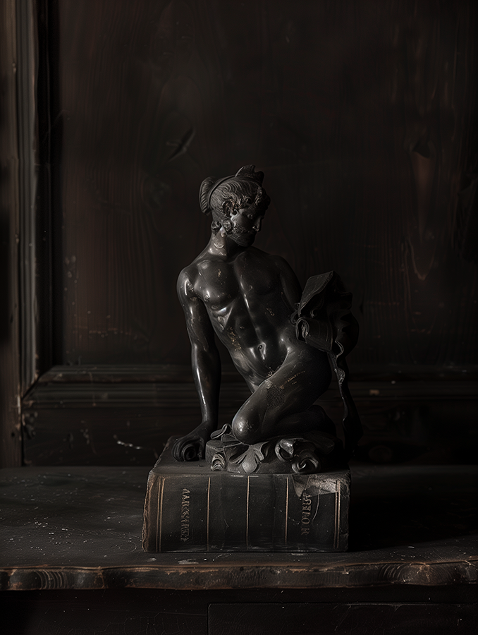 thomas_cato_74395_surreal_black_plaster_statue_gay_in_a_dark_bl_6c619fc2-1628-4b24-9104-0a40647a7393.png