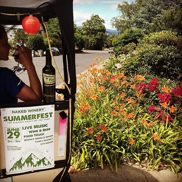 Summer solstice is just a day away. Let the celebrations begin! Naked Winery is always ready to party. They’ve got their annual Summerfest coming up a week from Saturday, and I’ll be their exclusive, complimentary chauffeur from 6-9 pm. Not only those favors, but gratis onboard tastings of their Outdoor Vino line with each ride throughout the summer! And if you’re really serious (and sweet) I’ve got free flight cards to share with you. All hail the mighty grape, and the star that powers its production! @nakedwinery #nakedwineryhoodriver .
.
.
.
#nakedwinery #outdoorvino #hoodriver #hoodriveroregon #columbiariver #columbiarivergorge #traveloregon #pedicab #pedicablife #pedicabs #pedicabdriver #pedicabnation #hoodrivertaxi #pedicab4life #pedicabvibes #pedicabride #greenliving #ssupportlocalbusiness #gorgeowned #uberalternative #localbusiness #peditaxi #peddleassit #solarpower #visithoodriver #hoodgorge #pnwlife #pnwonderland #columbiagorgous