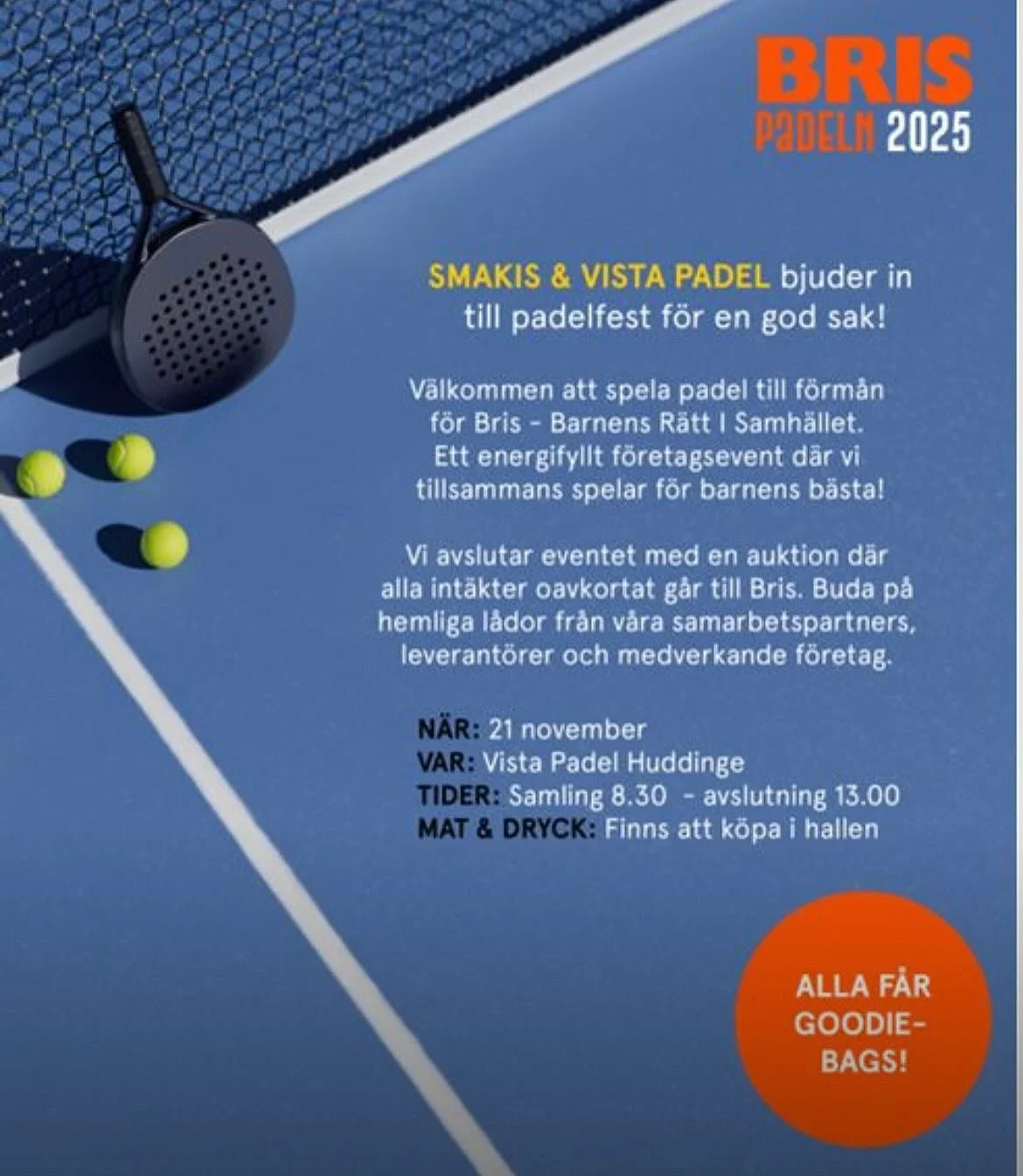 Padelsugen? 🎾
Nu p&aring; fredag den 21/11 arrangerar Smakis tillsammans med @vistapadel ett padel-event till f&ouml;rm&aring;n f&ouml;r @bris116111 😀

✔️ Gratis att delta och spela
✔️ Passar b&aring;de nyb&ouml;rjare och vana spelare
✔️ Alla int&a