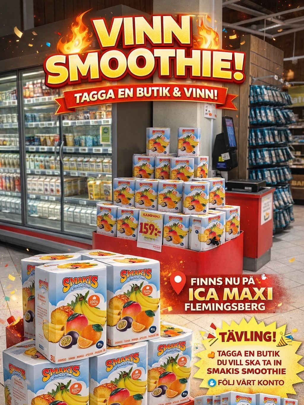 🔥 TAGGA EN BUTIK &amp; VINN! 🔥

Nu snackar vi riktig smoothie &ndash; p&aring; riktigt 👇

🥭 Smakis Smoothie 3L Bag In Box
✔️ 100% frukt &ndash; ej fr&aring;n koncentrat
✔️ Utan tillsatt socker
✔️ Drickf&auml;rdig direkt
✔️ Perfekt f&ouml;r caf&ea
