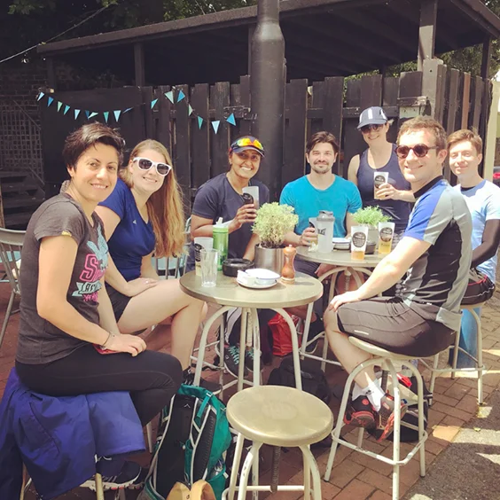 Post outing ‘refresh’ (left to right): Niki Symeonidou, Bethan Corlett, Sehrish Rafique, Timothy Bedingfield, Lucy Hargreaves, Raphael Tomi-Tricot, Hugo Meredith