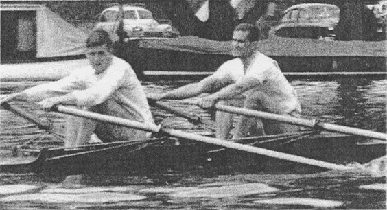 John Marsden sculling down to the start at Henley Royal Regatta with Tony Fox in 1954.